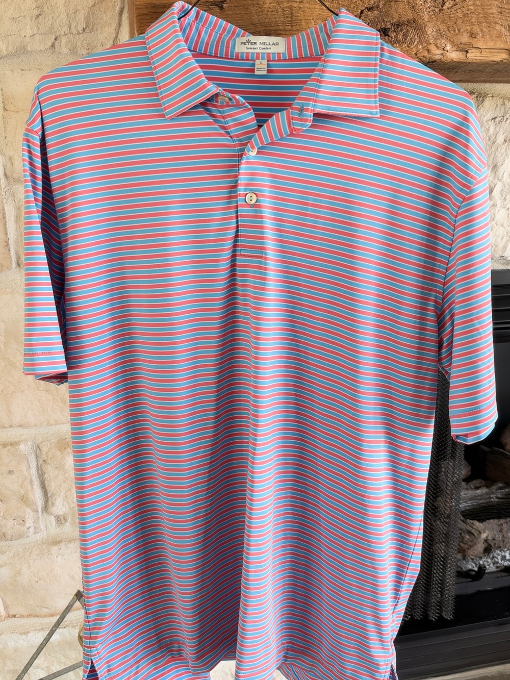 Peter Millar Pink and Light Blue Striped Short Sleeve Polo